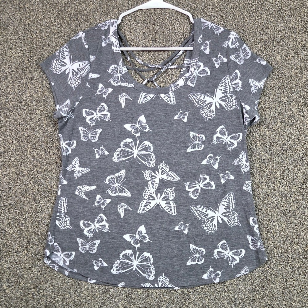 No Boundaries Butterfly Print T-Shirt Women XXL Gray Strappy Back Short Sleeve - Picture 2 of 7